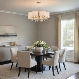 A well-appointed dining room with tasteful color palette, comfortable seating, elegant lighting and sophisticated decor, showcasing a modern yet timeless sophistication.