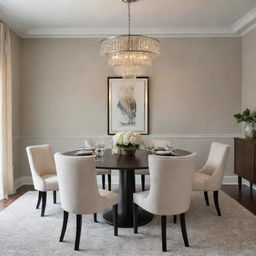 A well-appointed dining room with tasteful color palette, comfortable seating, elegant lighting and sophisticated decor, showcasing a modern yet timeless sophistication.