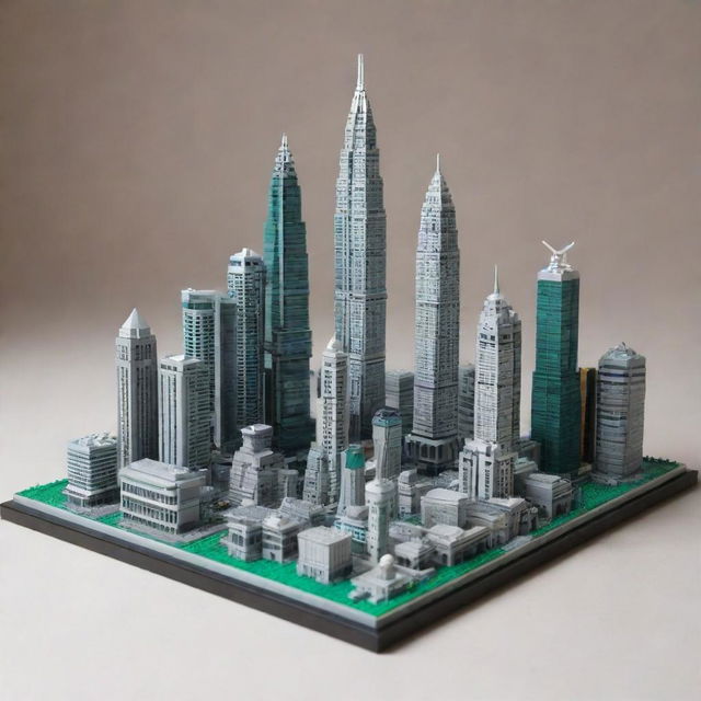 A detailed Lego model representing the skyline of Kuala Lumpur, Malaysia, featuring iconic landmarks like the Petronas Twin Towers.