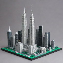 A detailed Lego model representing the skyline of Kuala Lumpur, Malaysia, featuring iconic landmarks like the Petronas Twin Towers.