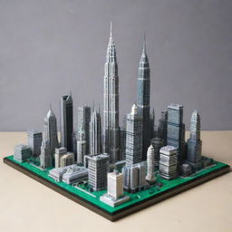 A detailed Lego model representing the skyline of Kuala Lumpur, Malaysia, featuring iconic landmarks like the Petronas Twin Towers.