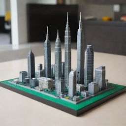 A detailed Lego model representing the skyline of Kuala Lumpur, Malaysia, featuring iconic landmarks like the Petronas Twin Towers.