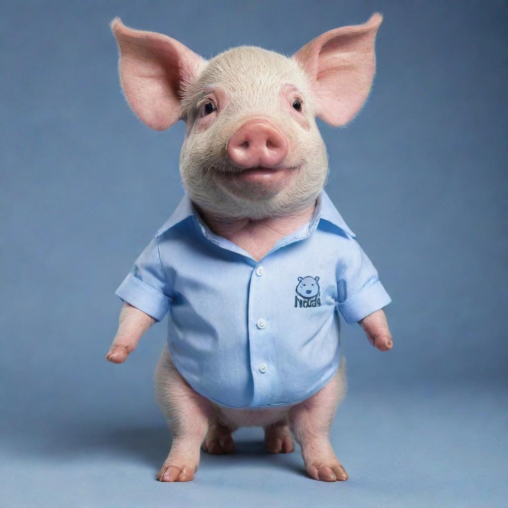 A cute pig wearing a stylish shirt emblazoned with the logo 'NANDA'.