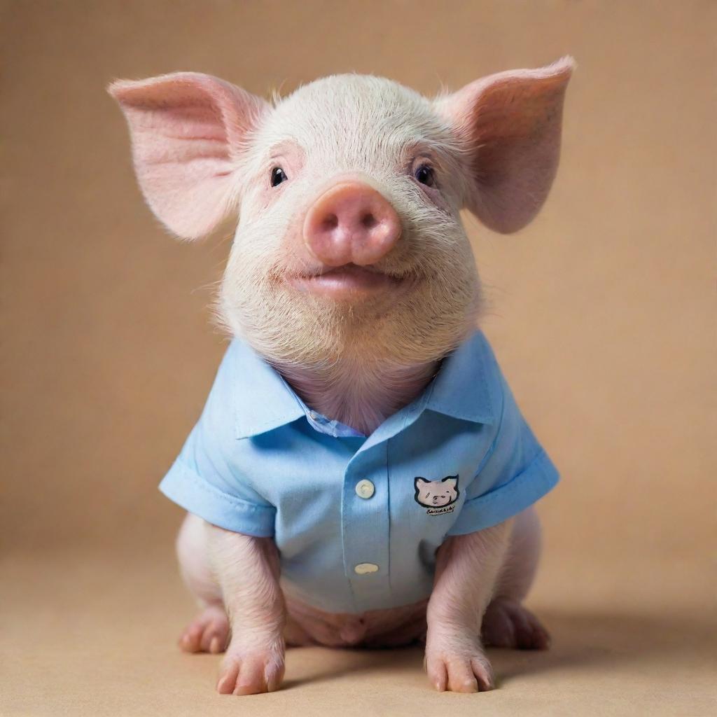 A cute pig wearing a stylish shirt emblazoned with the logo 'NANDA'.