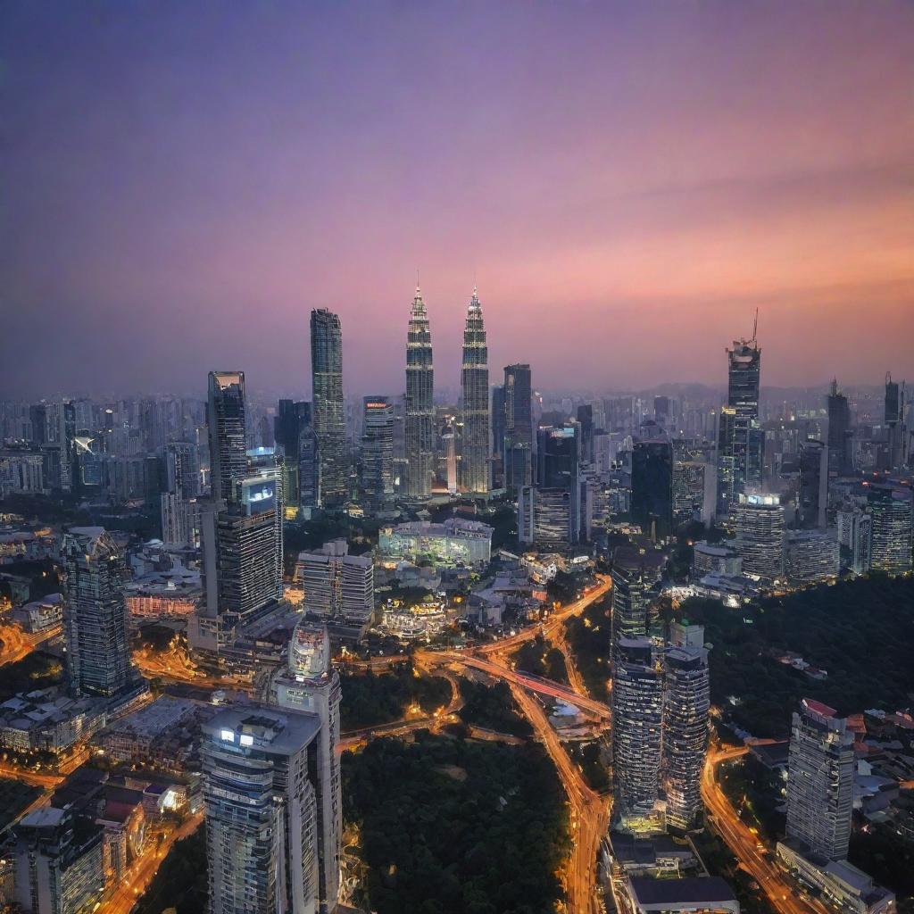 A beautiful cityscape of Kuala Lumpur, Malaysia during sunset, highlighting mesmerizing features such as the Petronas Twin Towers and KL Tower.