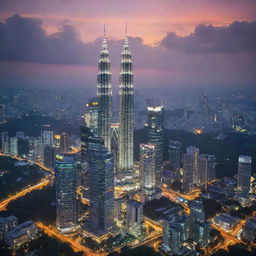 A beautiful cityscape of Kuala Lumpur, Malaysia during sunset, highlighting mesmerizing features such as the Petronas Twin Towers and KL Tower.