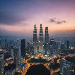 A beautiful cityscape of Kuala Lumpur, Malaysia during sunset, highlighting mesmerizing features such as the Petronas Twin Towers and KL Tower.