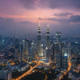 A beautiful cityscape of Kuala Lumpur, Malaysia during sunset, highlighting mesmerizing features such as the Petronas Twin Towers and KL Tower.