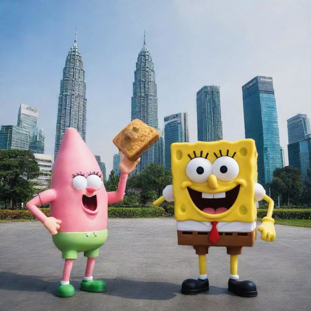 An amusing image of SpongeBob Squarepants and Patrick Star sightseeing in Kuala Lumpur, Malaysia, with the Petronas Twin Towers in the background.