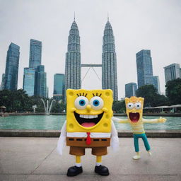 An amusing image of SpongeBob Squarepants and Patrick Star sightseeing in Kuala Lumpur, Malaysia, with the Petronas Twin Towers in the background.