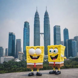 An amusing image of SpongeBob Squarepants and Patrick Star sightseeing in Kuala Lumpur, Malaysia, with the Petronas Twin Towers in the background.