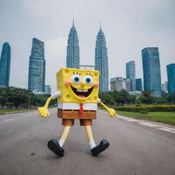 An amusing image of SpongeBob Squarepants and Patrick Star sightseeing in Kuala Lumpur, Malaysia, with the Petronas Twin Towers in the background.