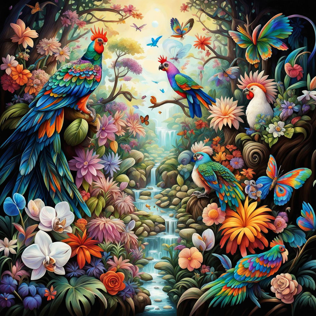 A vibrant digital art image of a nature scene, filled with a variety of flowers, animals, and magical elements