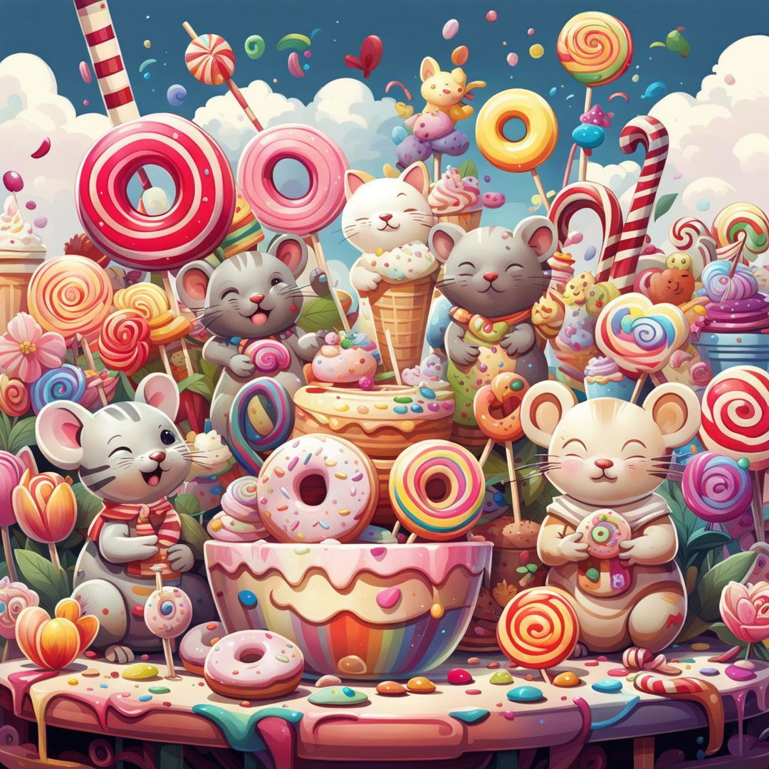 A charming digital art image featuring an array of sweets and adorable animals