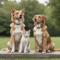 A friendly dog and cat sitting together in a serene setting, showing their camaraderie