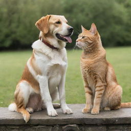 A friendly dog and cat sitting together in a serene setting, showing their camaraderie