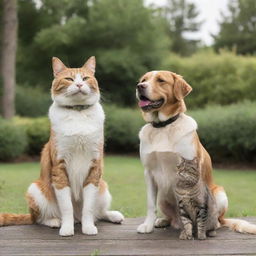 A friendly dog and cat sitting together in a serene setting, showing their camaraderie