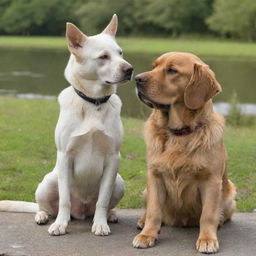 A friendly dog and cat sitting together in a serene setting, showing their camaraderie