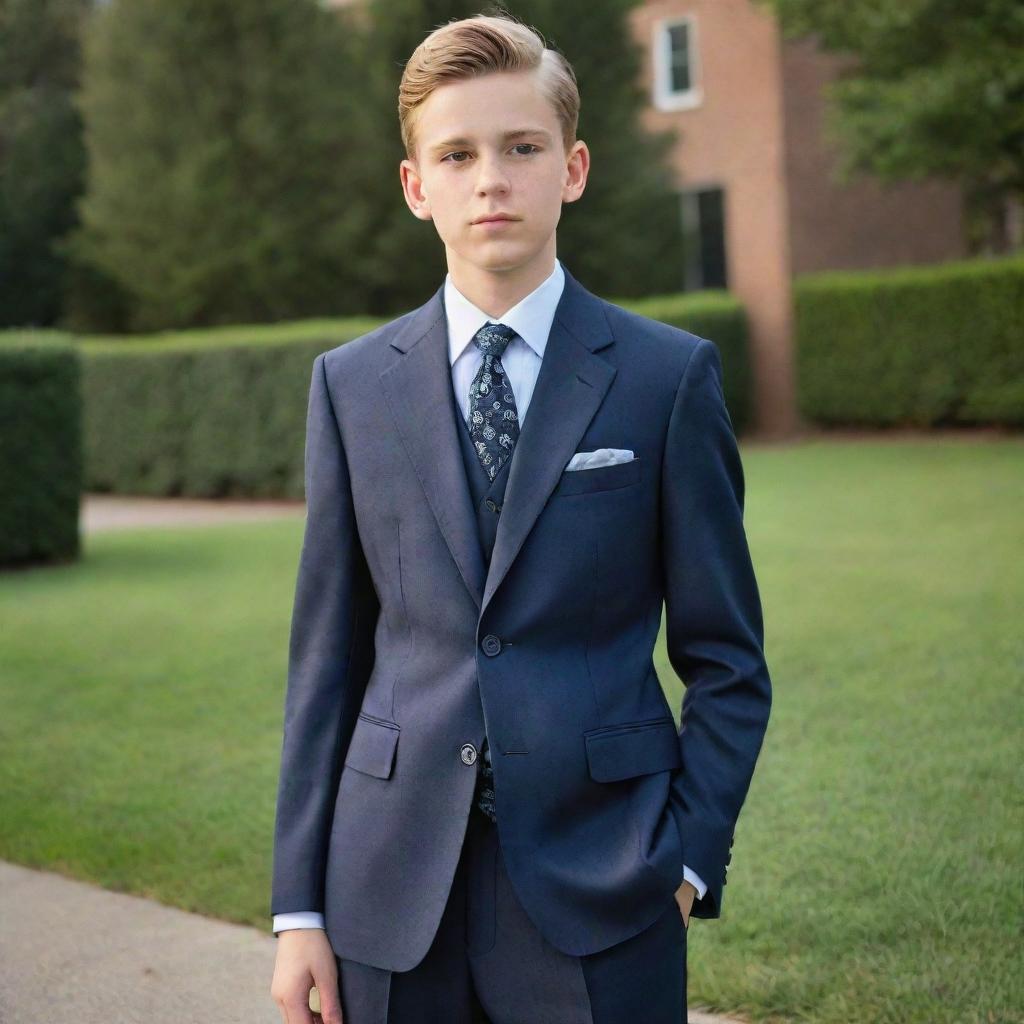 A 15-year-old boy styled in a finely tailored, classic old money suit