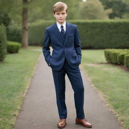 A 15-year-old boy styled in a finely tailored, classic old money suit