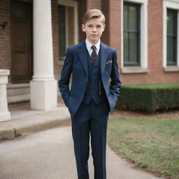 A 15-year-old boy styled in a finely tailored, classic old money suit