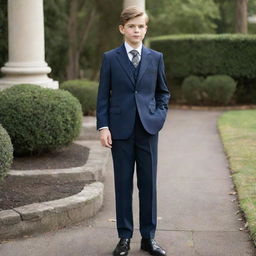 A 15-year-old boy styled in a finely tailored, classic old money suit