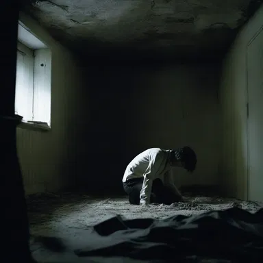 In the horror movie, the protagonist woke up in a pitch-black room, feeling smothered by an unseen presence.