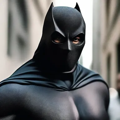 The superhero's face was smothered with a black mask.