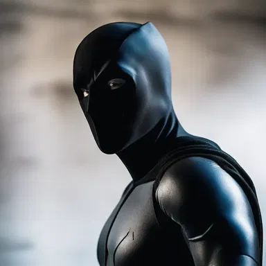 The superhero's face was smothered with a black mask.