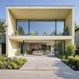 Generate an image of a modern, newly constructed 4-bedroom house with large glass windows, a spacious patio filled with green plants and a pastel yellow primary color scheme.