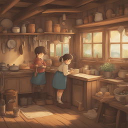 A high-quality digital art image in the style of Studio Ghibli, featuring children engaged in chores in a rustic kitchen