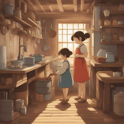 A high-quality digital art image in the style of Studio Ghibli, featuring children engaged in chores in a rustic kitchen