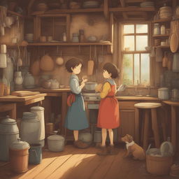 A high-quality digital art image in the style of Studio Ghibli, featuring children engaged in chores in a rustic kitchen