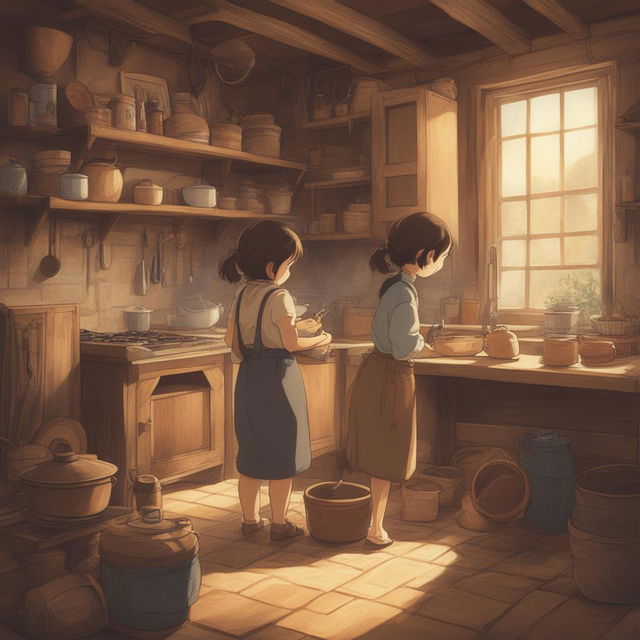 A high-quality digital art image in the style of Studio Ghibli, featuring children engaged in chores in a rustic kitchen