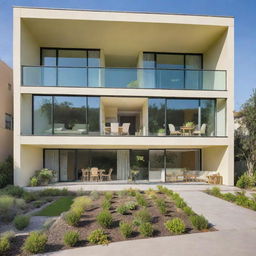 Generate an image of a modern, newly constructed 4-bedroom house with large glass windows, a spacious patio filled with green plants and a pastel yellow primary color scheme.