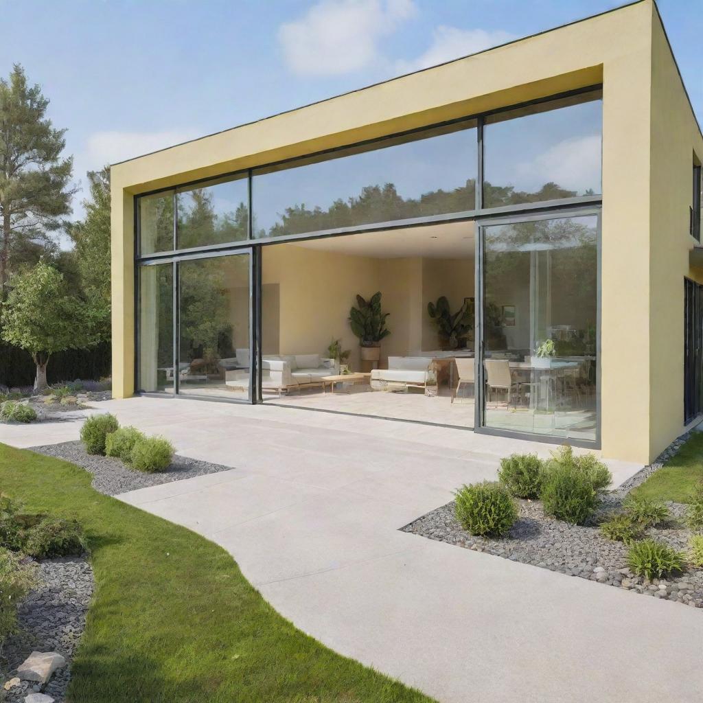 Generate an image of a modern, newly constructed 4-bedroom house with large glass windows, a spacious patio filled with green plants and a pastel yellow primary color scheme.