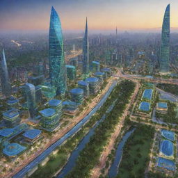 A vibrant, forward-looking depiction of Pakistan in the future, showcasing advanced technologies, green cities, and harmonious communities