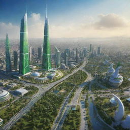 A vibrant, forward-looking depiction of Pakistan in the future, showcasing advanced technologies, green cities, and harmonious communities