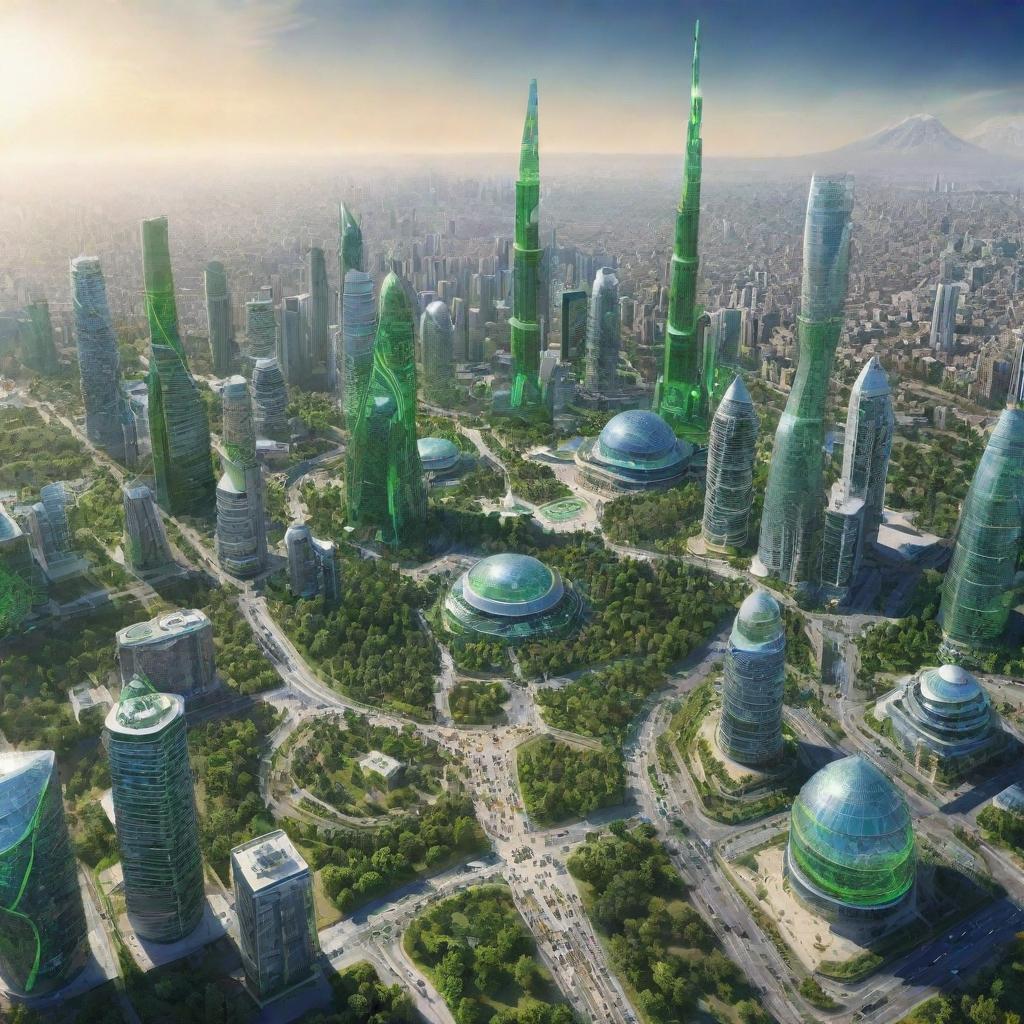 A vibrant, forward-looking depiction of Pakistan in the future, showcasing advanced technologies, green cities, and harmonious communities