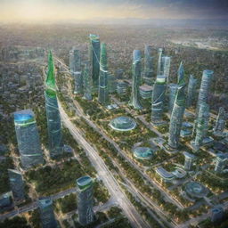 A vibrant, forward-looking depiction of Pakistan in the future, showcasing advanced technologies, green cities, and harmonious communities