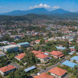 A panoramic view of Tolitoli city in Indonesia, showing modern architecture mixed with traditional cultural elements, lush tropical vegetation, clear blue skies, and bustling local life.