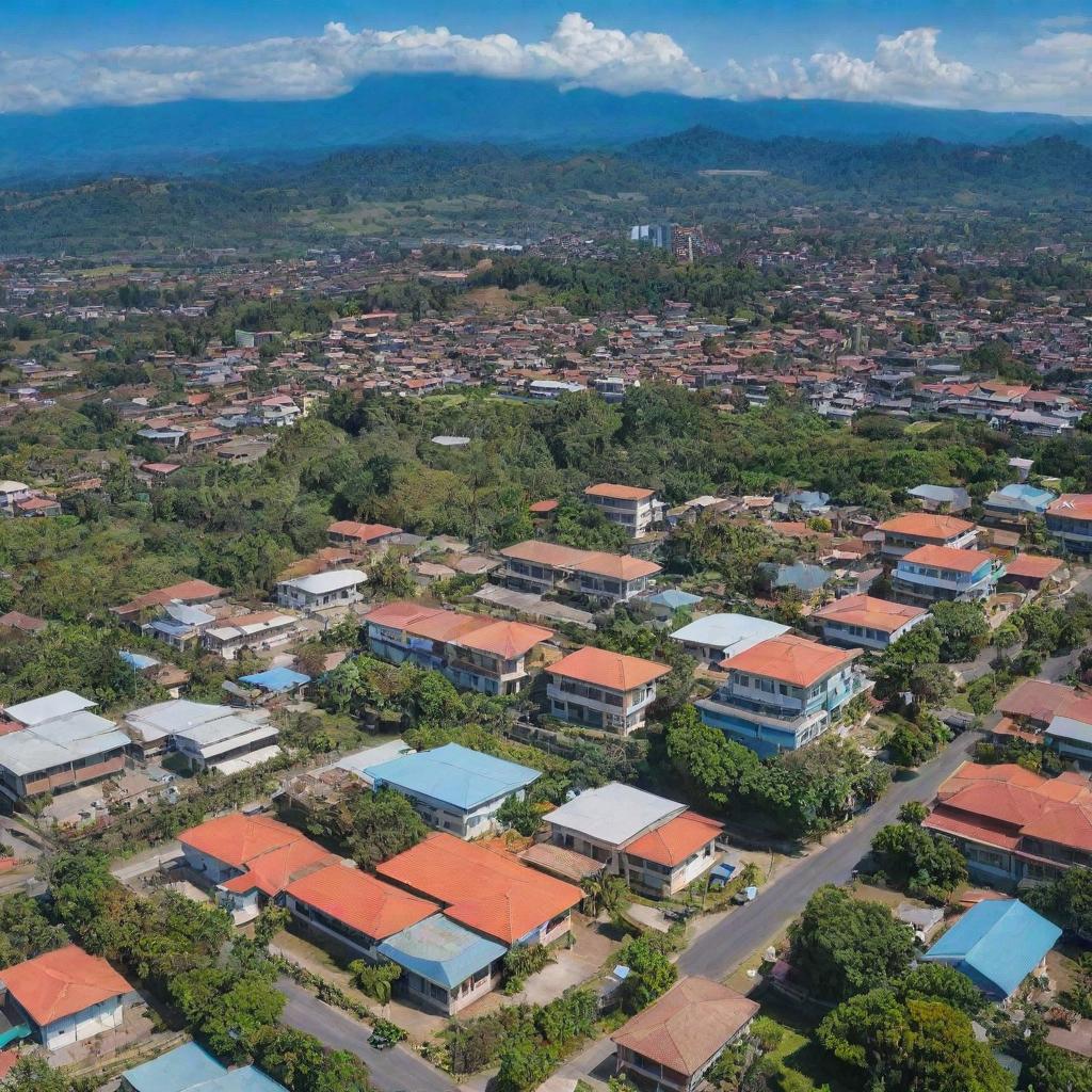 A panoramic view of Tolitoli city in Indonesia, showing modern architecture mixed with traditional cultural elements, lush tropical vegetation, clear blue skies, and bustling local life.