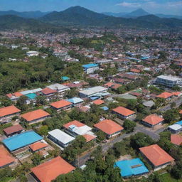 A panoramic view of Tolitoli city in Indonesia, showing modern architecture mixed with traditional cultural elements, lush tropical vegetation, clear blue skies, and bustling local life.