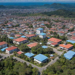 A panoramic view of Tolitoli city in Indonesia, showing modern architecture mixed with traditional cultural elements, lush tropical vegetation, clear blue skies, and bustling local life.