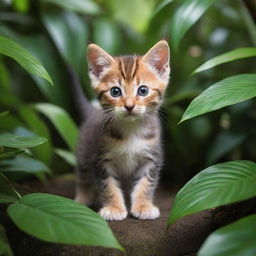 A small and adventurous kitten exploring an exotic jungle with curious eyes and delicate paws, striding over vibrant foliage.