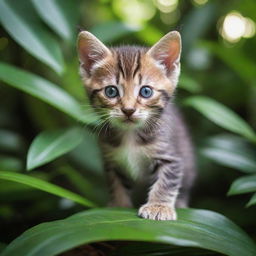 A small and adventurous kitten exploring an exotic jungle with curious eyes and delicate paws, striding over vibrant foliage.