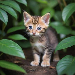 A small and adventurous kitten exploring an exotic jungle with curious eyes and delicate paws, striding over vibrant foliage.