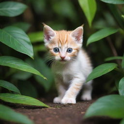 A small and adventurous kitten exploring an exotic jungle with curious eyes and delicate paws, striding over vibrant foliage.