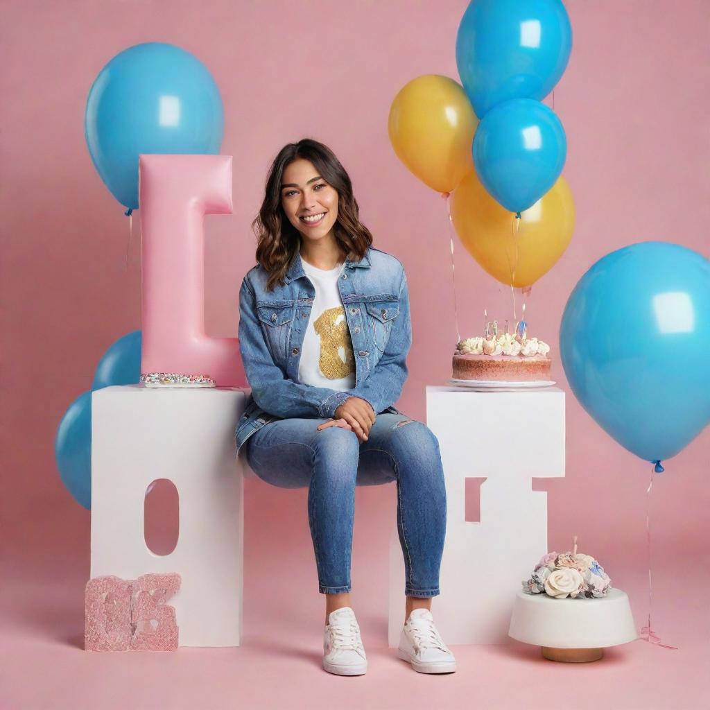 Create a 3D illustration featuring a casually-dressed woman sitting in front of a birthday cake with 'Faria' and '16' on it, set against a party-themed background. Her modern casual attire includes a jeans jacket and sneakers.