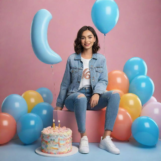 Create a 3D illustration featuring a casually-dressed woman sitting in front of a birthday cake with 'Faria' and '16' on it, set against a party-themed background. Her modern casual attire includes a jeans jacket and sneakers.